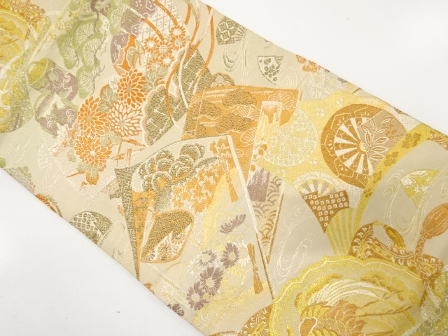 アンティーク　読み本に扇・鶴・草花模様織り出し丸帯（材料）